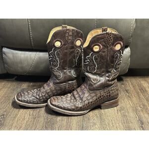 Trotamundo Crocodile Dark Brown Leather Square Toe Cowboy Western Work Boots SZ9